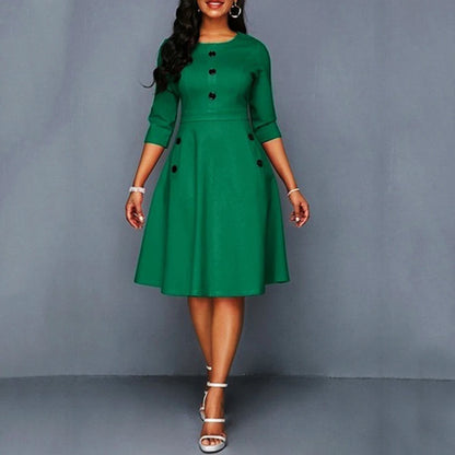 Elegant Solid A-Line Dresses for Women Fashion O-Neck Single-Breasted Design Pockets Decor High Waist Party Dress Slim Vestidos