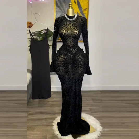 Women Full Sleeve Long Dress Lace Leopard See Through Ruched O-neck Evening Vestidos Sexy Party Maxi Dresses Vestidos