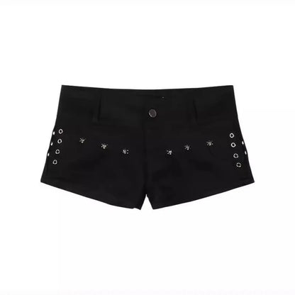 Summer Y2k Sexy Low Waist Mini Denim Shorts Women Vintage Korean Popular Girls Slight Strech Streetwear Gothic Rivet Black Jeans