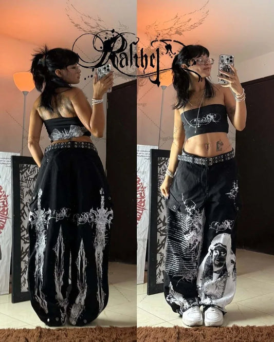 Harajuku Y2K Streetwear Hip Hop Punk Casual Baggy Jeans Women Gothic Animation Print Black Straight Wide Legs Vintage Clothing