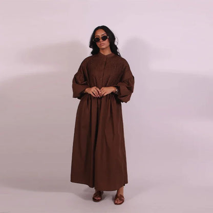 Loose Blue Single Breasted Long Dress Women Casual Full Puff Sleeve O-neck Pleated Patchwork Dresses 2025 Fashion Summer Robe