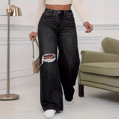 Washed Personality Hole Loose High Waist Denim Wide-leg Pants,Women's Four Seasons New Classic Fashion Casual Floor-length Jeans