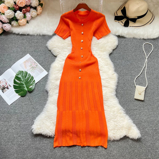 YuooMuoo 2025 Summer Women Knitted Long Dress Brand Fashion O-neck Buttons Bodycon Sweater Dress Elegant Lady Office Vestidos