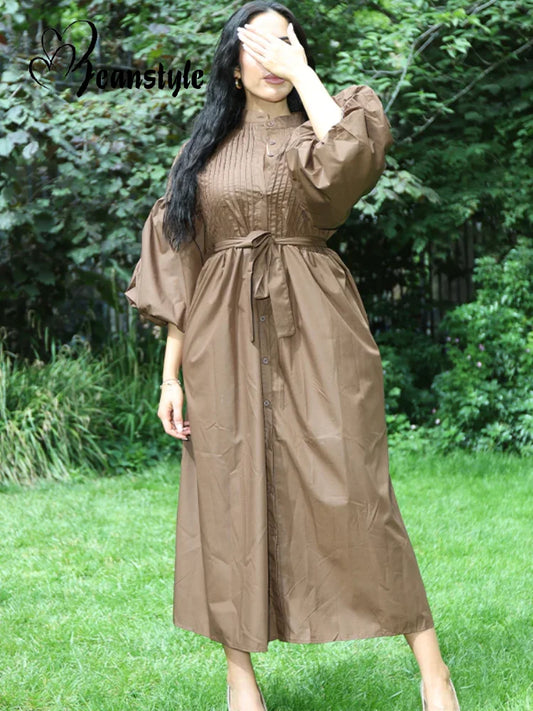 Loose Blue Single Breasted Long Dress Women Casual Full Puff Sleeve O-neck Pleated Patchwork Dresses 2025 Fashion Summer Robe