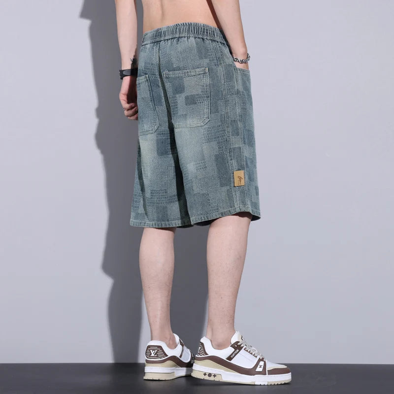 Casual Mens Clothing Baggy Denim Shorts Summer Fashion Starry Sky Pattern Elastic Waist Shorts Men Streetwear Short Jeans Korean