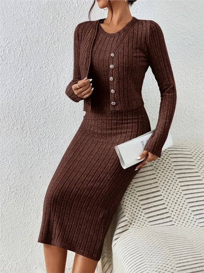 Autumn Winter Women's Clothing New Item Solid Color Fashion Single Breasted Short Top Slim Fit Dress Two-piece Set