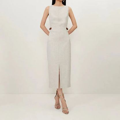 Women Dress Mid Length Dresses Solid Vestidos Round Neck Sleeveless Slim Fit Casual Elegant Splice Tight Waist Summer 2024
