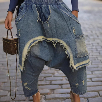 Jeans Women Harem Pants Hole Elastic Waist Tassels Washed Denim Pants Punk Y2k Streetwear 2025 Ripped Ankle Length Trousers