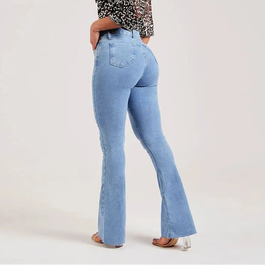 Strecth Jeans Women Denim Flare Pants 2024 Autumn Button Pockets Basics Denims Streetwear Female Vintage Washed Trousers