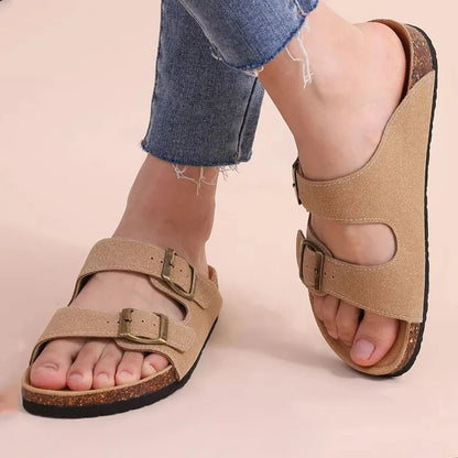Pallene New Summer Women's Slippers With Arch Support Slip-On Outdoor Slides Cork Footbed Sandals With Adjustable Double Buckle