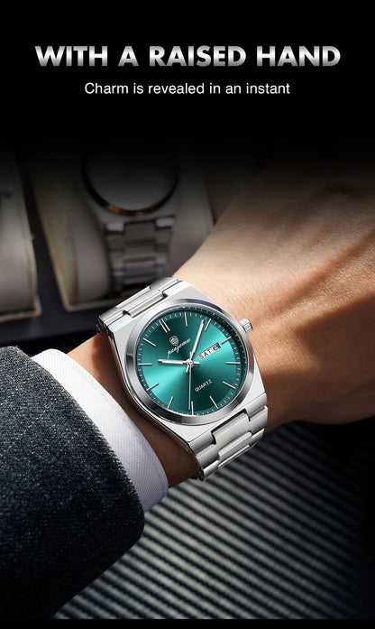 PENGAGAR Luxury Men Watch Date Week Waterproof Luminous Stainless Steel Watch For Man Casual Quartz Men's Watches Male Sport+Box