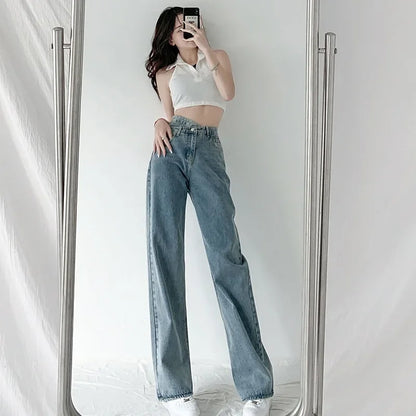 Design Sensibility High-Waisted Slimming Jeans Loose-Fit Straight-Leg Women's Korean Style Tie-Detail Wide-Leg Casual Trousers