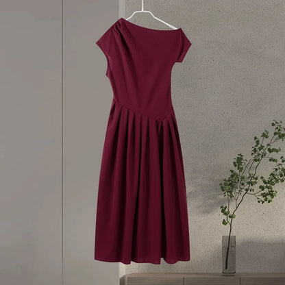 Elegant Long Dress Women Loose Skew Collar Sleeveless A Line Robe Female 2025 Spring Summer Solid Fashion High Waist Dress Lady