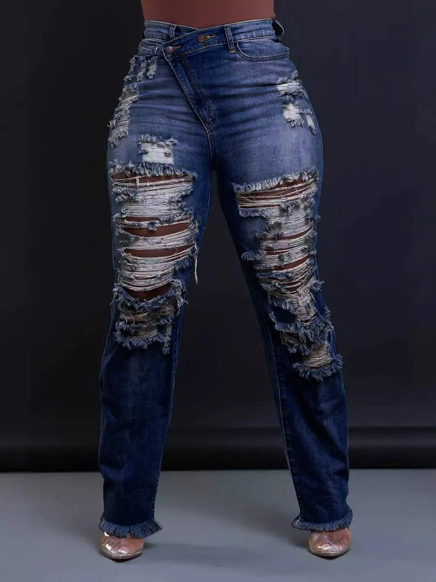 CM.YAYA Denim Pants Women Retro Sexy Hole Hollow Out Jeans Ripped out Pencil Trousers 2024 Street Skinny High Waist Lady Pant
