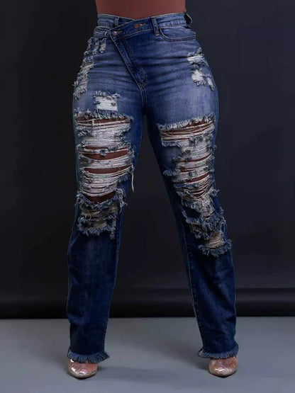 CM.YAYA Denim Pants Women Retro Sexy Hole Hollow Out Jeans Ripped out Pencil Trousers 2024 Street Skinny High Waist Lady Pant