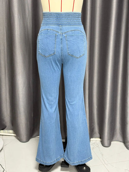 Sister Star Spring Women's New Elastic Waist Head High-waisted Button Stretch Slim Wide-legged Tencel Breathable Long Jeans