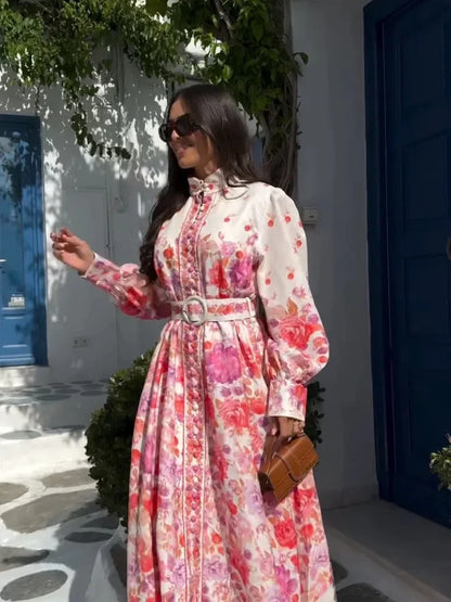 Chic Printed Stand Collar Single Breasted Dress Women Elegant Long Sleeve High Waist Dresses Female Summer Holiday Casual Robe