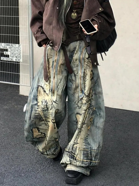 Casual Y2K Washed Retro Denim Trouser American Grunge Full Length Street Jean Women's Emo Pockets Hip-hop Baggy Mop Pants