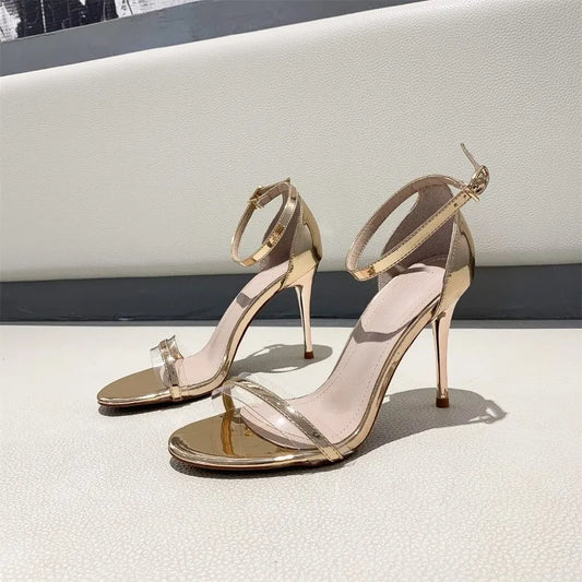 Summer's New Round Toe Metal One-strap Anti-slip and Wear-resistant High-heeled Sandals with Elegant Thin Heels