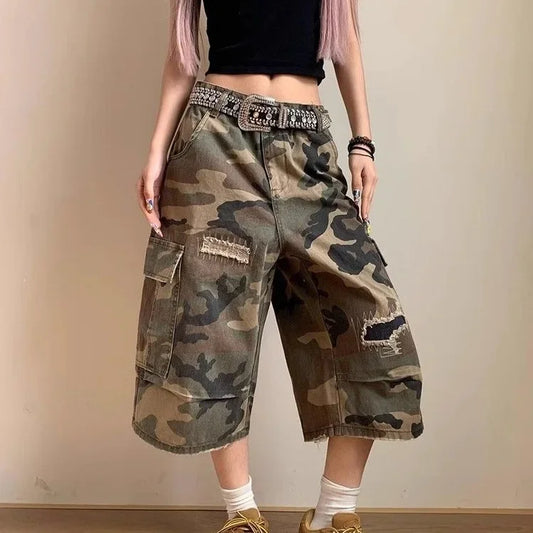 Plus Size American Style Distressed Patch Straight Leg Camouflage Seven-Foot Women's Jeans Casual Loose Slimming Shorts