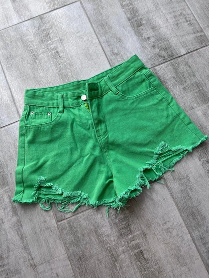 Summer New Style Wide Leg Pants Candy Color Ripped Denim Shorts Female High Waist Green A-line Women Jeans Hot Shorts Pants