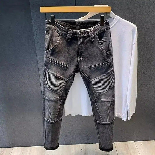 2025 New Autumn Winter Black Grey Men's High-End Motorcycle Long Pants Slim Patchwork Fold Designer Pencil Pants Casual Jeans