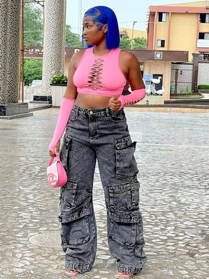 Wmstar Jeans Women Denim Bottom Boy Friend Straight Cargo Pants High Waist Korean New Fashion Streetwear Wholesale Dropshipping