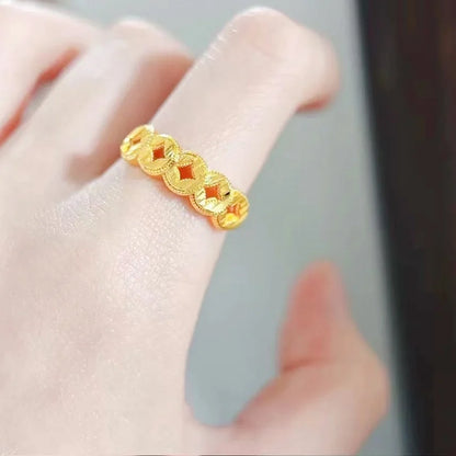 Women's Coin Open Ring, 24K Gold, AU999 | "Stability" engraving with square-hole motifs, subtle professional elegance.