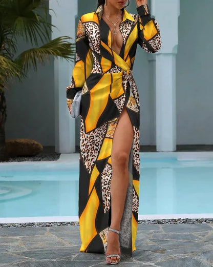 Women's Autumn Slit Long Dress Lace-up Printed Long-sleeved Dress High-waisted POLO Collar Irregular Temperament Elegant Dress