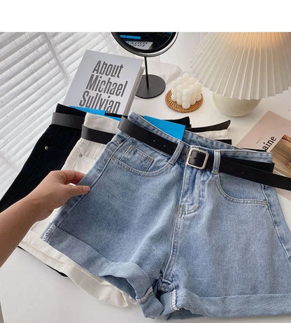 2022 New Spring Summer High-Waisted Slimming A- Line Denim Shorts Women's Loose-Fit Casual Heat Pants Rolled Edge Design