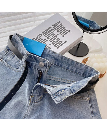 2022 New Spring Summer High-Waisted Slimming A- Line Denim Shorts Women's Loose-Fit Casual Heat Pants Rolled Edge Design