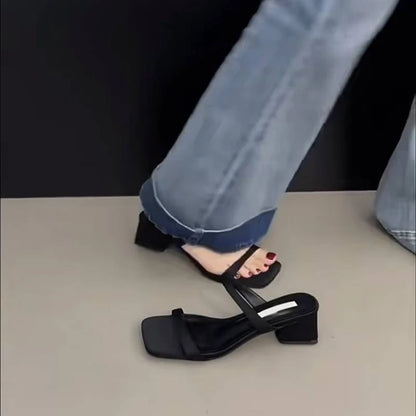 Summer Square Toe Slip On Women Slippers Ladies Elegant Outdoor Street Style Thick Heel Slides