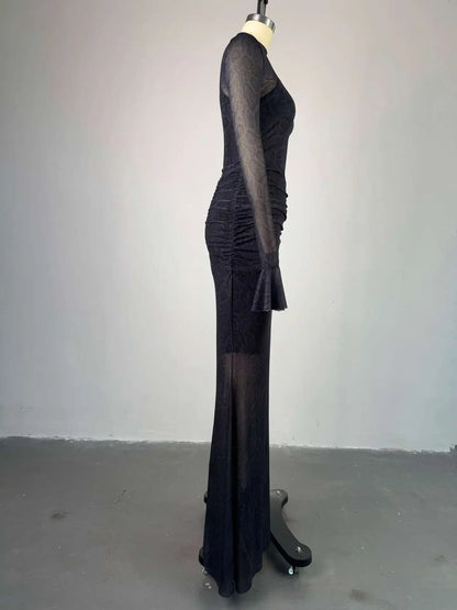 Women Full Sleeve Long Dress Lace Leopard See Through Ruched O-neck Evening Vestidos Sexy Party Maxi Dresses Vestidos