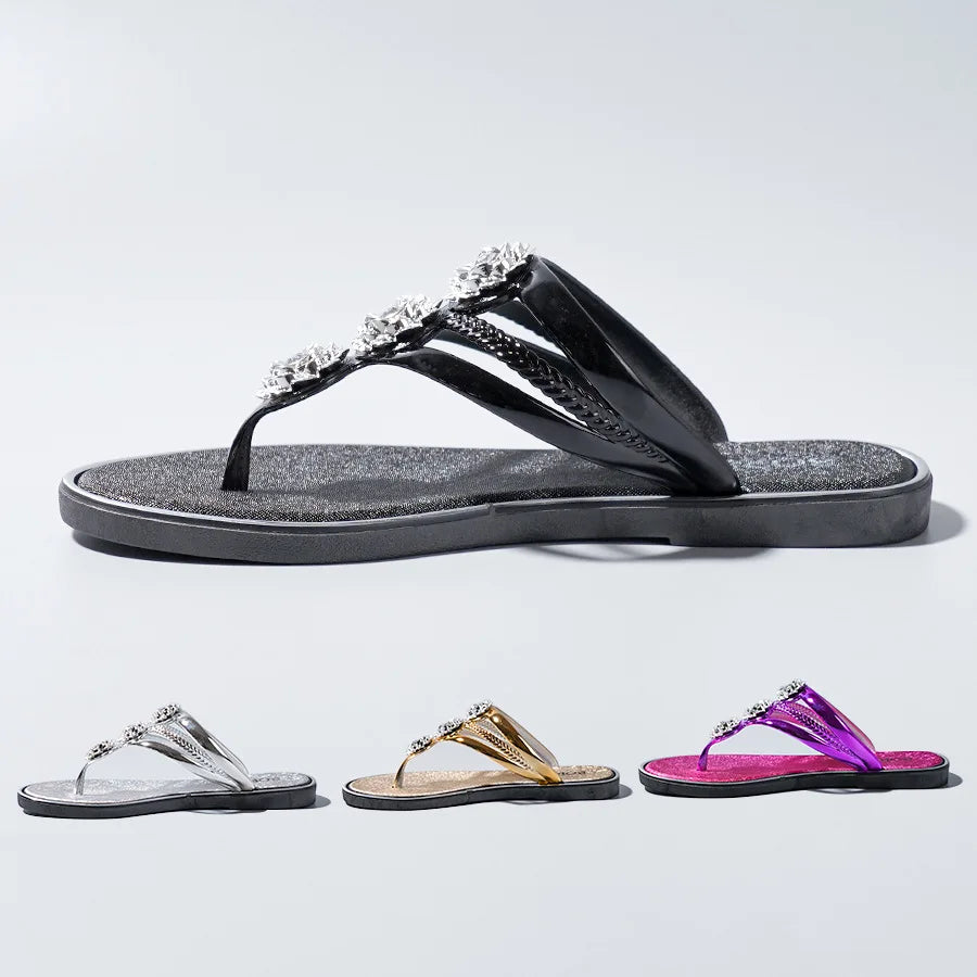 "Women's Flip-Flop Sandals with Rhinestones Beach Casual Slides for Outdoor Wear, Flat Soles and Toe-Post Slippers for Summer"
