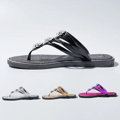 "Women's Flip-Flop Sandals with Rhinestones Beach Casual Slides for Outdoor Wear, Flat Soles and Toe-Post Slippers for Summer"
