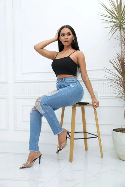 Women Jeans Denim pant High Waist Pencil Pants Holes Slim Fit Pockets Sexy Streetwear Solid Sheath Distressed Ankle Length 2025