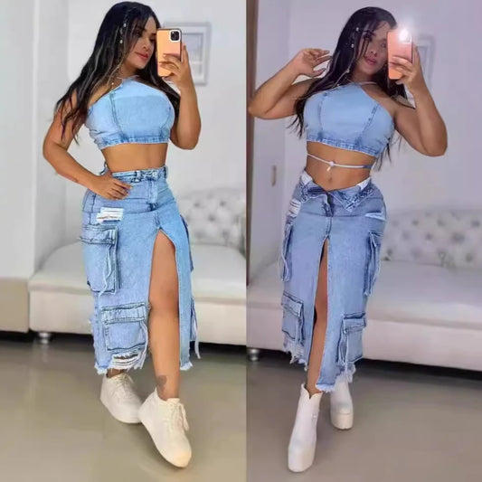 Mid Length Skirts Women Denim Skirt Hole Pockets A Line Slit Slim Y2k Streetwear Elegant Splice Y2k High Waist Summer 2025
