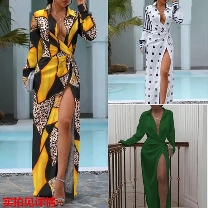 Women's Autumn Slit Long Dress Lace-up Printed Long-sleeved Dress High-waisted POLO Collar Irregular Temperament Elegant Dress