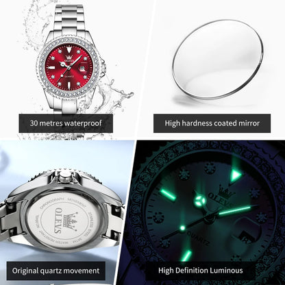 OLEVS Luxury Fashion Women's Watches Diamond Dial Luminous Quartz Watch Elegant Date Stainless Steel Original Brand Wrist Watch
