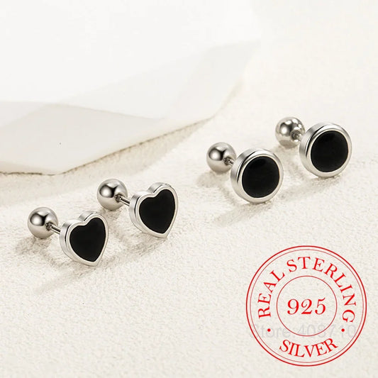 925 Sterling Silver Black heart Star Round Small Stud Earrings for Women Luxury High Quality Wedding Party Jewelry Gift