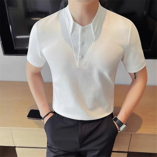 Summer Men's Polo Shirts Korean Style Fashion Turn Down Collar Solid Color Short Sleeve Slim Fit Polos Men Fake Two Pieces Tees