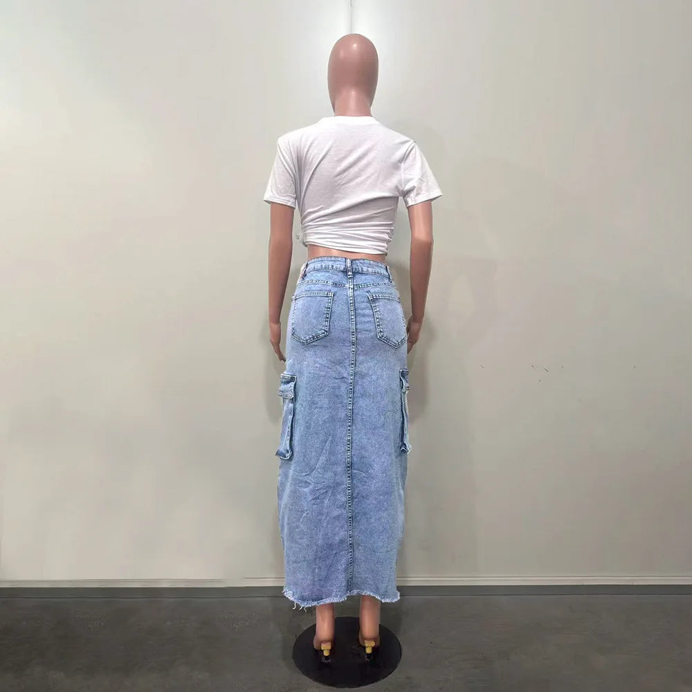 Mid Length Skirts Women Denim Skirt Hole Pockets A Line Slit Slim Y2k Streetwear Elegant Splice Y2k High Waist Summer 2025