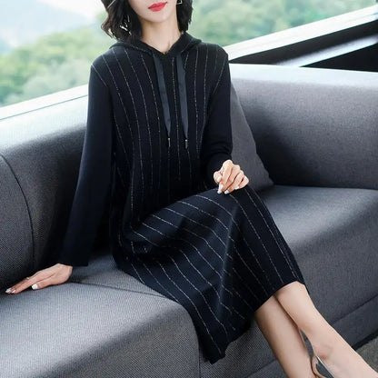 Temperamen Fashion Dresses Autumn Winter New WomenHooded Bright Silk Lacing Long Sleeve Loose Mid-length A-line Knitted Dress