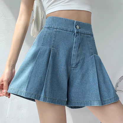 DFRCAEG 2024 Summer Plus Size Denim Shorts For Women High Elastic Waist Blue Or Sky Blue Pleated Mini Large Size Short Femme