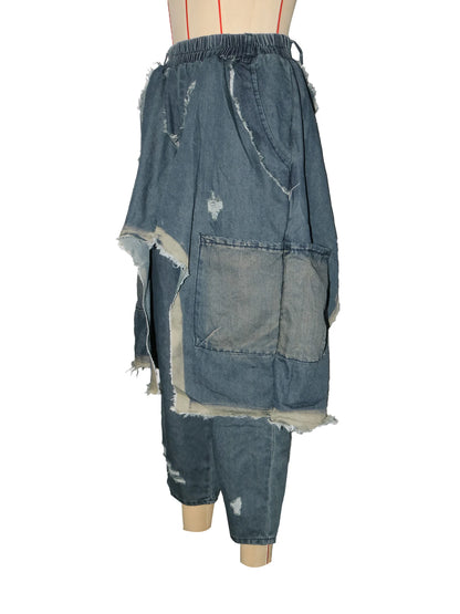 Jeans Women Harem Pants Hole Elastic Waist Tassels Washed Denim Pants Punk Y2k Streetwear 2025 Ripped Ankle Length Trousers