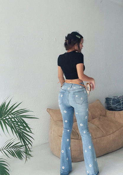 Women's Denim Bell Bottoms High Waist Tight Elastic Long Legs Daisy Embroidered Printed Spicy Girl Slim Straight Jeans UDUE