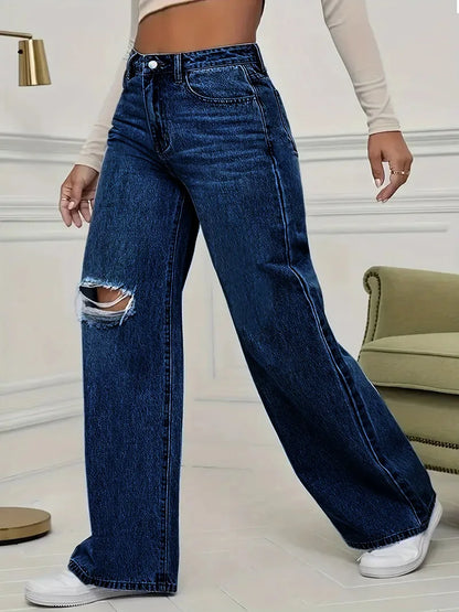 Washed Personality Hole Loose High Waist Denim Wide-leg Pants,Women's Four Seasons New Classic Fashion Casual Floor-length Jeans