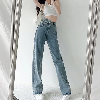 Design Sensibility High-Waisted Slimming Jeans Loose-Fit Straight-Leg Women's Korean Style Tie-Detail Wide-Leg Casual Trousers
