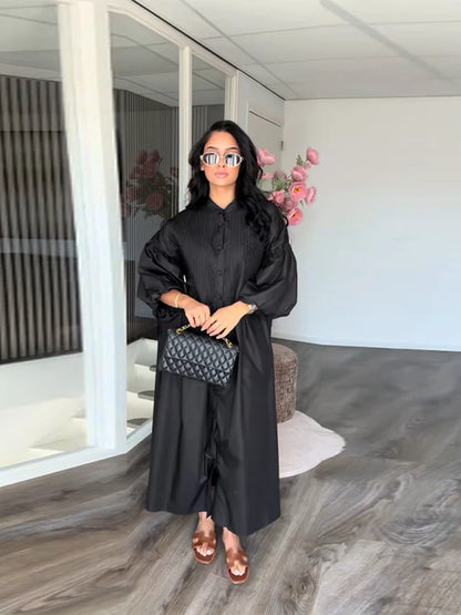 Loose Blue Single Breasted Long Dress Women Casual Full Puff Sleeve O-neck Pleated Patchwork Dresses 2025 Fashion Summer Robe