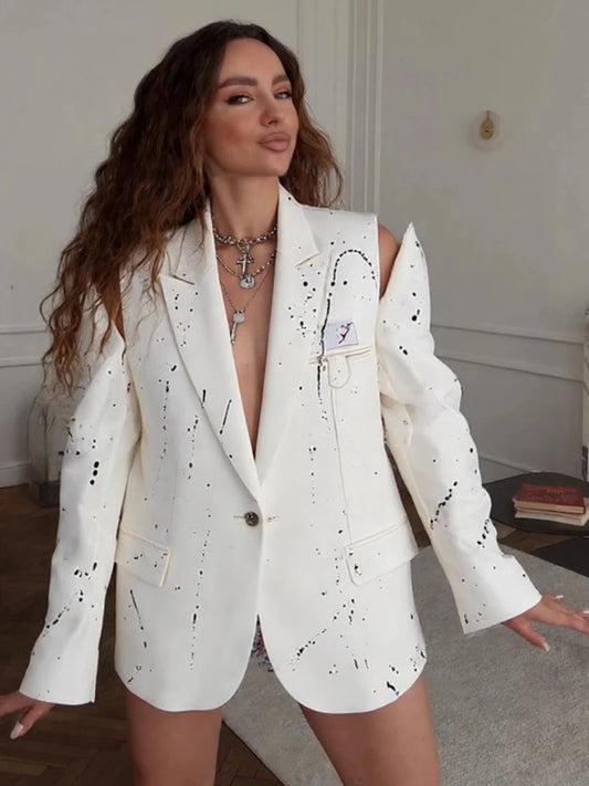 Print Cold Shoulder Long Sleeve Suit Jacket Women Fashion Turn-down Collar Single Breasted Pockets Blazers Locomotive Outerwear